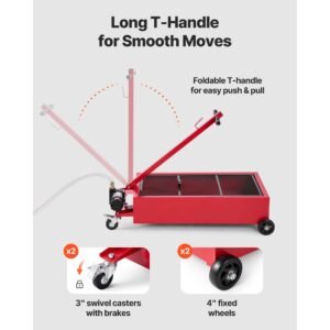low profile oil drain pan, 17 gallon capacity, rolling oil drain pan with electric pump, 7.2 ft hose & t folding handle, leak proof & corrosion resistant, fit for cars, suvs, trucks, atvs, red