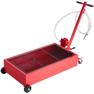 low profile oil drain pan, 20 gallon capacity, rolling oil drain pan with manual pump, 7.2 ft hose & t folding handle, leak proof & corrosion resistant, fit for cars, suvs, trucks, atvs, red