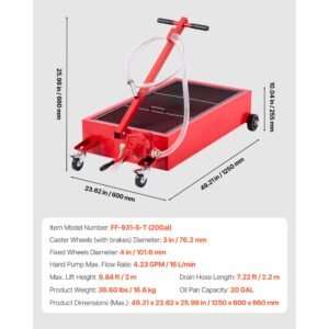 low profile oil drain pan, 20 gallon capacity, rolling oil drain pan with manual pump, 7.2 ft hose & t folding handle, leak proof & corrosion resistant, fit for cars, suvs, trucks, atvs, red