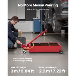 Low Profile Oil Drain Pan, 20 Gallon Capacity, Rolling Oil Drain Pan with Manual Pump, 7.2 ft Hose & T Folding Handle, Leak-proof & Corrosion-resistant, Fit for Cars, SUVs, Trucks, ATVs, Red