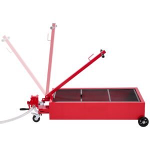 low profile oil drain pan, 20 gallon capacity, rolling oil drain pan with manual pump, 7.2 ft hose & t folding handle, leak proof & corrosion resistant, fit for cars, suvs, trucks, atvs, red