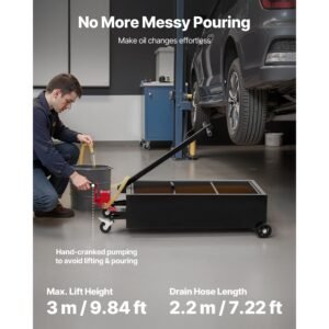 low profile oil drain pan, 25 gallon capacity, rolling oil drain pan with manual pump, 7.2 ft hose & t folding handle, leak proof & corrosion resistant, fit for cars, suvs, trucks, atvs, black
