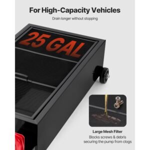 low profile oil drain pan, 25 gallon capacity, rolling oil drain pan with manual pump, 7.2 ft hose & t folding handle, leak proof & corrosion resistant, fit for cars, suvs, trucks, atvs, black