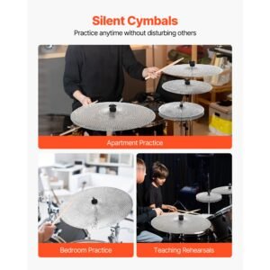 low volume cymbal pack, 4 pieces quiet cymbals for drum set, alloy cymbals drum set includes 14 inch hi hats, 16 inch crash, 18 inch crash, 20 inch ride, drumsticks & cymbal bag, bright copper