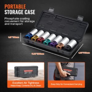 lug nut impact socket set, 1/2 inch drive metric 6 point deep socket set, 7 total lug nut sizes 17/19/21/22/23/24/27mm, cr mo steel wheel socket set with storage case, for auto repair