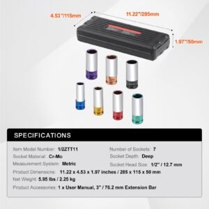 lug nut impact socket set, 1/2 inch drive metric 6 point deep socket set, 7 total lug nut sizes 17/19/21/22/23/24/27mm, cr mo steel wheel socket set with storage case, for auto repair