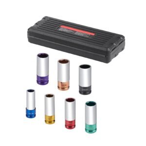 lug nut impact socket set, 1/2 inch drive metric 6 point deep socket set, 7 total lug nut sizes 17/19/21/22/23/24/27mm, cr mo steel wheel socket set with storage case, for auto repair