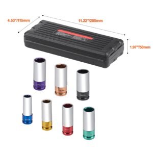 lug nut impact socket set, 1/2 inch drive metric 6 point deep socket set, 7 total lug nut sizes 17/19/21/22/23/24/27mm, cr mo steel wheel socket set with storage case, for auto repair