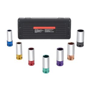 lug nut impact socket set, 1/2 inch drive metric 6 point deep socket set, 7 total lug nut sizes 17/19/21/22/23/24/27mm, cr mo steel wheel socket set with storage case, for auto repair