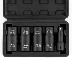 lug nut impact socket set, 1/2 inch drive metric and sae 6 point flip socket set, 4 total lug nut sizes, cr mo steel wheel socket set with storage case and extension bar, for auto repair
