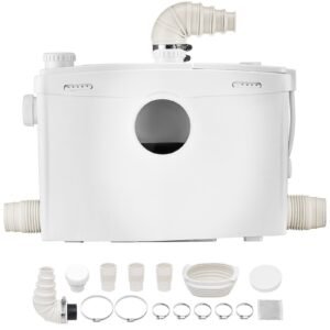 Macerator Pump, 1200W, 48 GPM Flow, 33 ft/10 m Head, Macerator Sewerage Toilet Pump with 4 Water Inlets, Waste Water Disposal Upflush Machine for Toilet, Basement, Shower, Sink, Laundry, Bathtub