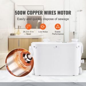 macerator pump, 500w, 29 gpm flow, 26 ft/8 m head, macerator wall hung toilet pump with 4 water inlets, waste water disposal upflush machine for toilet, basement, shower, sink, laundry, bathtub