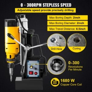 mag drill, 0 300 rpm stepless speed electromagnetic drill press, 2" depth 2" dia magnetic core drill, 2922lbf boring tool drill press, 1680 watts drill press, yellow and black drill machine