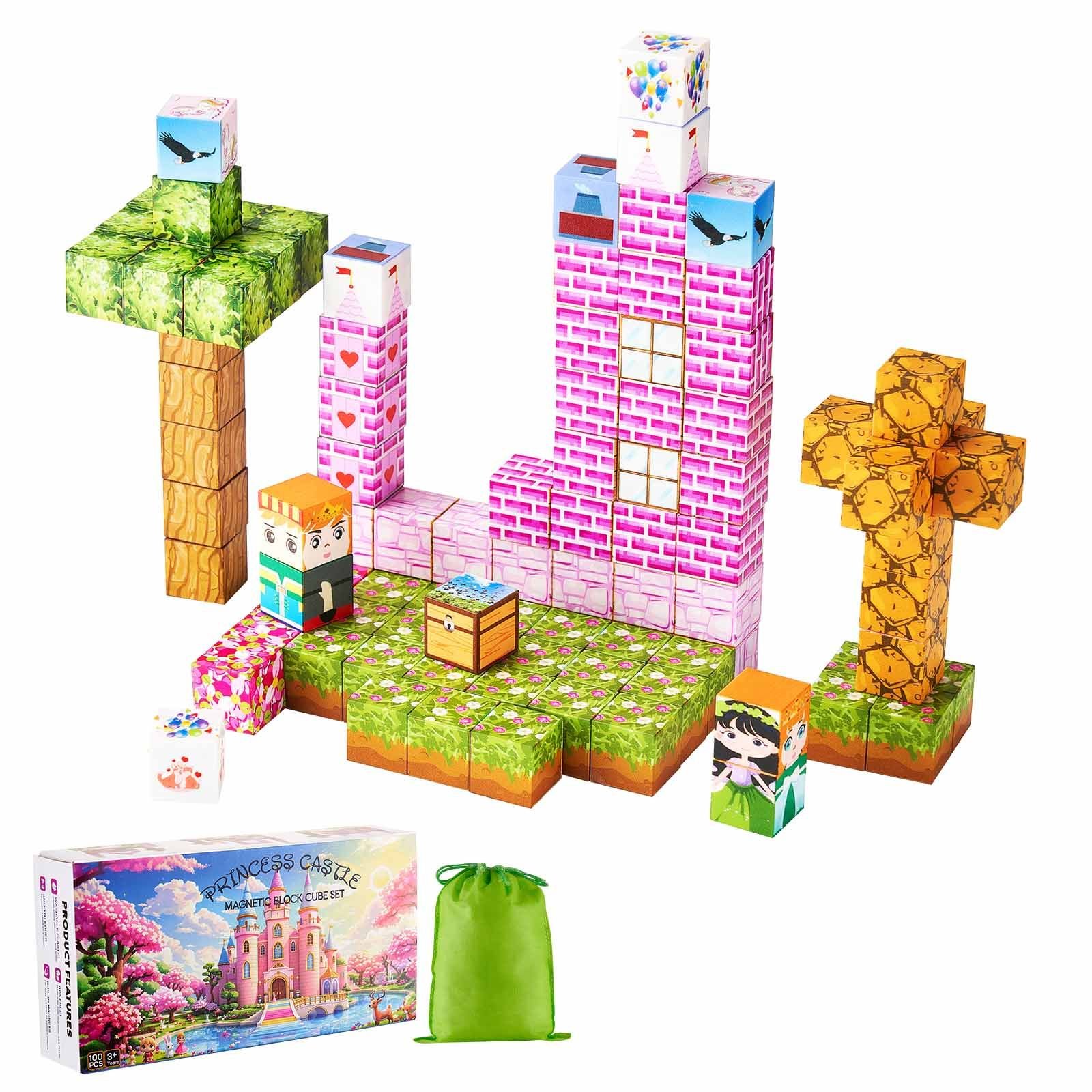magnetic blocks, 100 pcs princess castle set, magnetic building cubes for kids, stem montessori sensory toys for christmas birthday gift, construction stacking toy for 3+ years old boys & girls