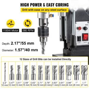 magnetic drill, 1100w 1.57" boring diameter, 2697lbf/12000n portable electric mag drill press with 12 drilling bits, 580 rpm max speed drilling machine for any surface and home improvement