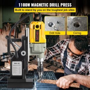 magnetic drill, 1100w 1.57" boring diameter, 2697lbf/12000n portable electric mag drill press with 7 bits, 580 rpm max speed drilling machine for any surface and home improvement
