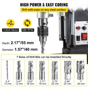 magnetic drill, 1100w 1.57" boring diameter, 2697lbf/12000n portable electric mag drill press with 7 bits, 580 rpm max speed drilling machine for any surface and home improvement