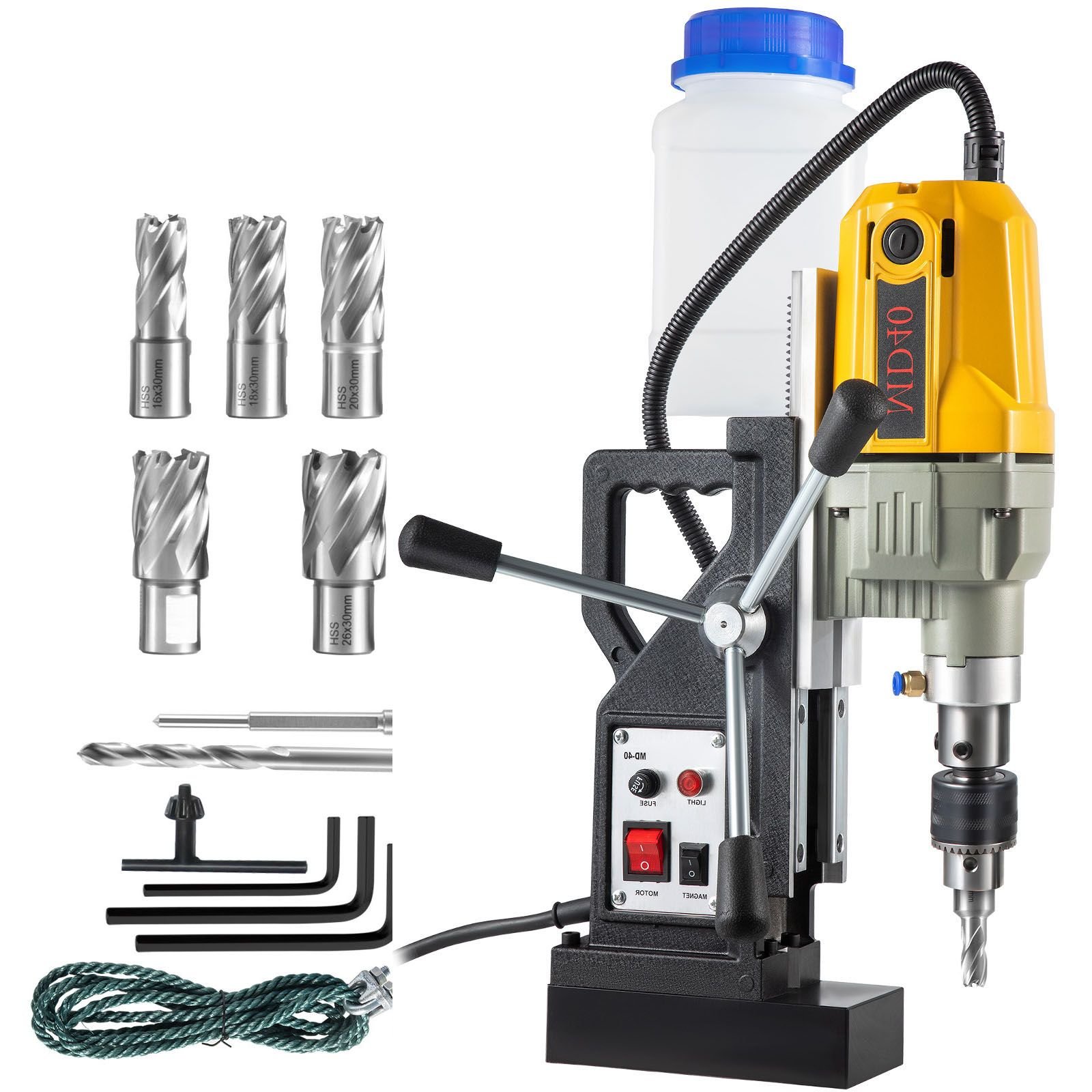 magnetic drill, 1100w 1.57" boring diameter, 2697lbf/12000n portable electric mag drill press with 7 bits, 580 rpm max speed drilling machine for any surface and home improvement