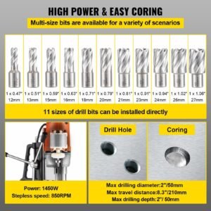 magnetic drill 1450w magnetic drill press with 2inch boring diameter annular cutter machine 2900 lbs 11pcs hss annular cutter bits