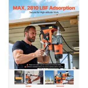magnetic drill, 1450w motor 1.6 in boring diameter, 2810 lbf portable electric mag drill press, with 2 coring bits, variable speed, drilling machine for metal surface, home improvement industry