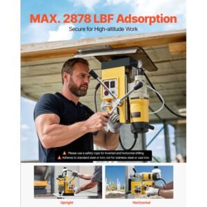 magnetic drill, 1450w motor 2 in boring diameter, 2878 lbf electric mag drill press, with 6 coring bits, variable speed, drilling machine for metal surface, home improvement industry, yellow