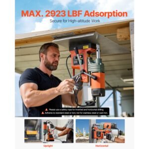 magnetic drill, 1450w motor 2 in coring diameter, 2922 lbf magnetic force, portable electric mag drill press with 6 coring bits, variable speed, drilling machine for metal surface, industrial