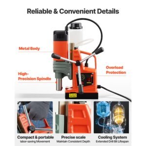 magnetic drill press, 1400 w, 2 in boring diameter, 2810 lbf power portable mag drill press, 0–800 rpm adjustable speed, with weldon shank, for metal surface, industrial and home improvement
