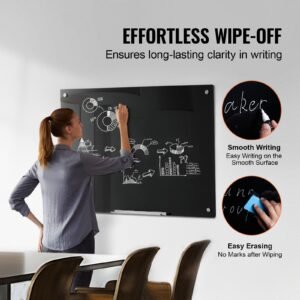 magnetic glass whiteboard, dry erase board 36"x24", wall mounted large white glassboard frameless, with marker tray, an eraser and 2 markers, black
