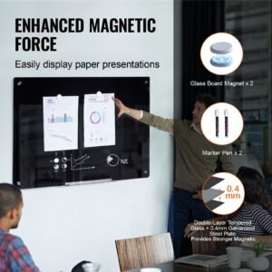 magnetic glass whiteboard, dry erase board 36"x24", wall mounted large white glassboard frameless, with marker tray, an eraser and 2 markers, black