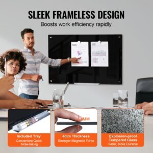 magnetic glass whiteboard, dry erase board 36"x24", wall mounted large white glassboard frameless, with marker tray, an eraser and 2 markers, black