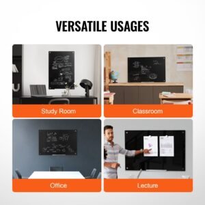 magnetic glass whiteboard, dry erase board 36"x24", wall mounted large white glassboard frameless, with marker tray, an eraser and 2 markers, black