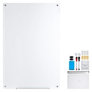 Magnetic Glass Whiteboard, Dry Erase Board 36"x24", Wall-Mounted Large White Glassboard Frameless, with Marker Tray, an Eraser and 2 Markers, White