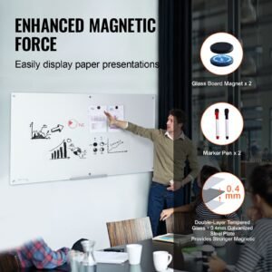 magnetic glass whiteboard, dry erase board 72"x36", wall mounted large white glassboard frameless, with marker tray, an eraser and 2 markers, white