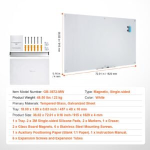 magnetic glass whiteboard, dry erase board 72"x36", wall mounted large white glassboard frameless, with marker tray, an eraser and 2 markers, white