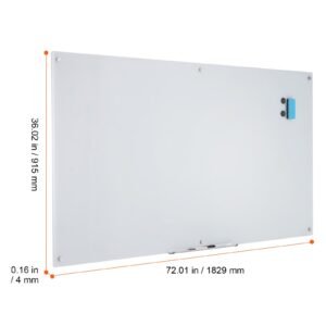 magnetic glass whiteboard, dry erase board 72"x36", wall mounted large white glassboard frameless, with marker tray, an eraser and 2 markers, white