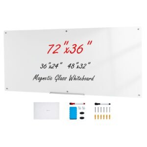 magnetic glass whiteboard, dry erase board 72"x36", wall mounted large white glassboard frameless, with marker tray, an eraser and 2 markers, white