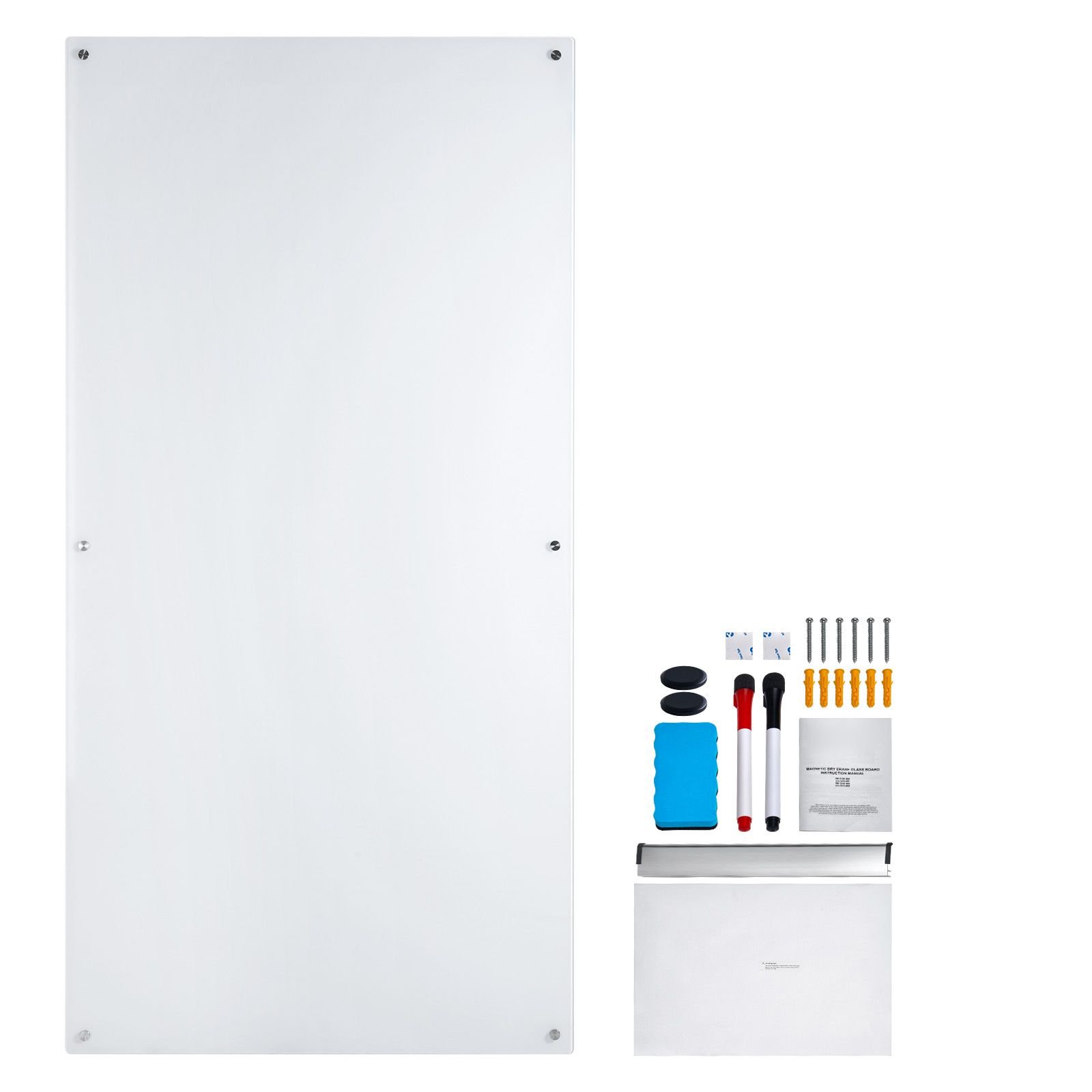 magnetic glass whiteboard, dry erase board 72"x36", wall mounted large white glassboard frameless, with marker tray, an eraser and 2 markers, white