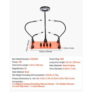 magnetic helping hands soldering station, 4 flexible arms third hand soldering tool, with 3x led magnifying lamp, 4 pcb pillar holder & heavy duty base, electronic repair craft hobby diy