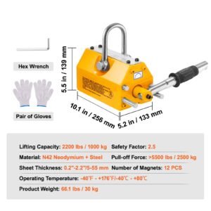 magnetic lifter, 2200lbs/1000kg pulling capacity, 2.5 safety factor, neodymium & steel, lifting magnet with release, permanent lift magnets, heavy duty magnet for hoist, shop crane, block, board