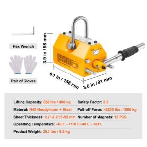 magnetic lifter, 880 lbs/400 kg pulling capacity, 2.5 safety factor, neodymium & steel, lifting magnet with release, permanent lift magnets, heavy duty magnet for hoist, shop crane, block, board