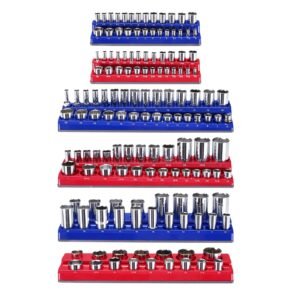 Magnetic Socket Organizer Set, 6PCS Socket Holder, 1/4'', 3/8'' & 1/2'' Metric SAE Socket Trays with Clear Labels, Hold up to 143PCS Standard & Deep Sockets, Blue & Red (Sockets Not Included)