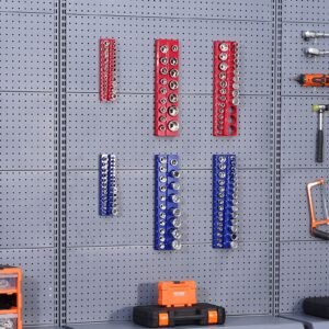magnetic socket organizer set, 6pcs socket holder, 1/4'', 3/8'' & 1/2'' metric sae socket trays with clear labels, hold up to 143pcs standard & deep sockets, blue & red (sockets not included)