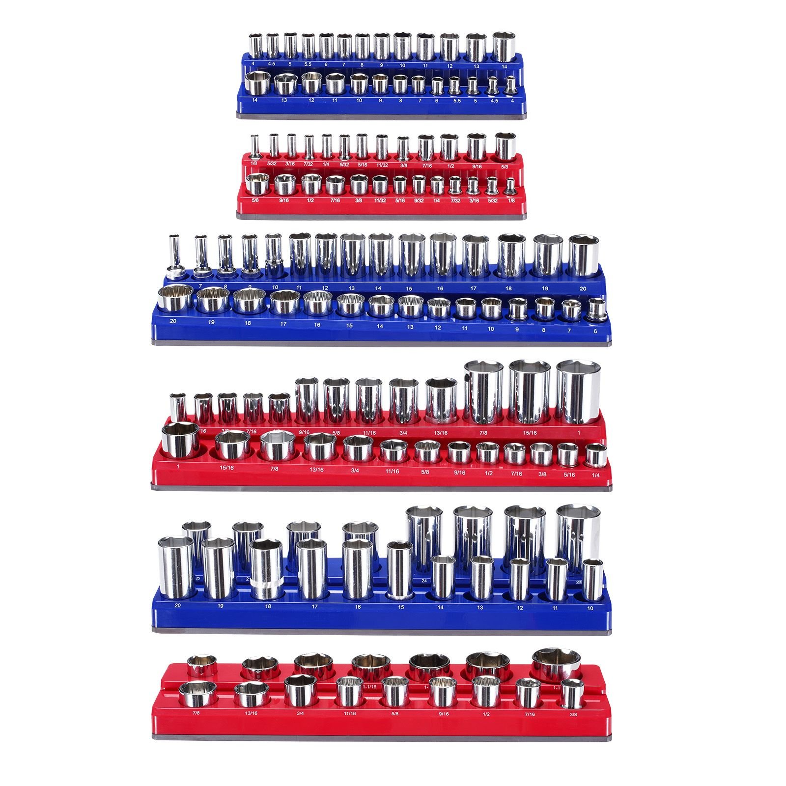 magnetic socket organizer set, 6pcs socket holder, 1/4'', 3/8'' & 1/2'' metric sae socket trays with clear labels, hold up to 143pcs standard & deep sockets, blue & red (sockets not included)