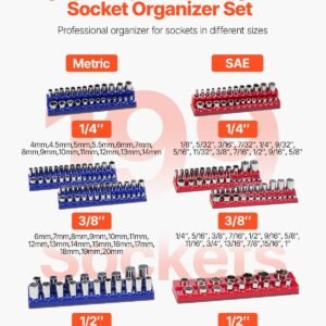 magnetic socket organizer set, 8pcs socket holder, 1/4'', 3/8'' & 1/2'' metric sae socket trays with clear labels, hold up to 199pcs standard & deep sockets, blaue & red (sockets not included)