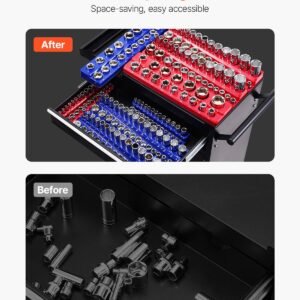magnetic socket organizer set, 8pcs socket holder, 1/4'', 3/8'' & 1/2'' metric sae socket trays with clear labels, hold up to 199pcs standard & deep sockets, blaue & red (sockets not included)