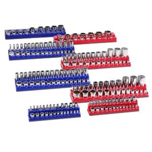 magnetic socket organizer set, 8pcs socket holder, 1/4'', 3/8'' & 1/2'' metric sae socket trays with clear labels, hold up to 199pcs standard & deep sockets, blaue & red (sockets not included)