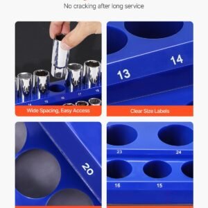 magnetic socket organizer set, 8pcs socket holder, 1/4'', 3/8'' & 1/2'' metric sae socket trays with clear labels, hold up to 199pcs standard & deep sockets, blaue & red (sockets not included)