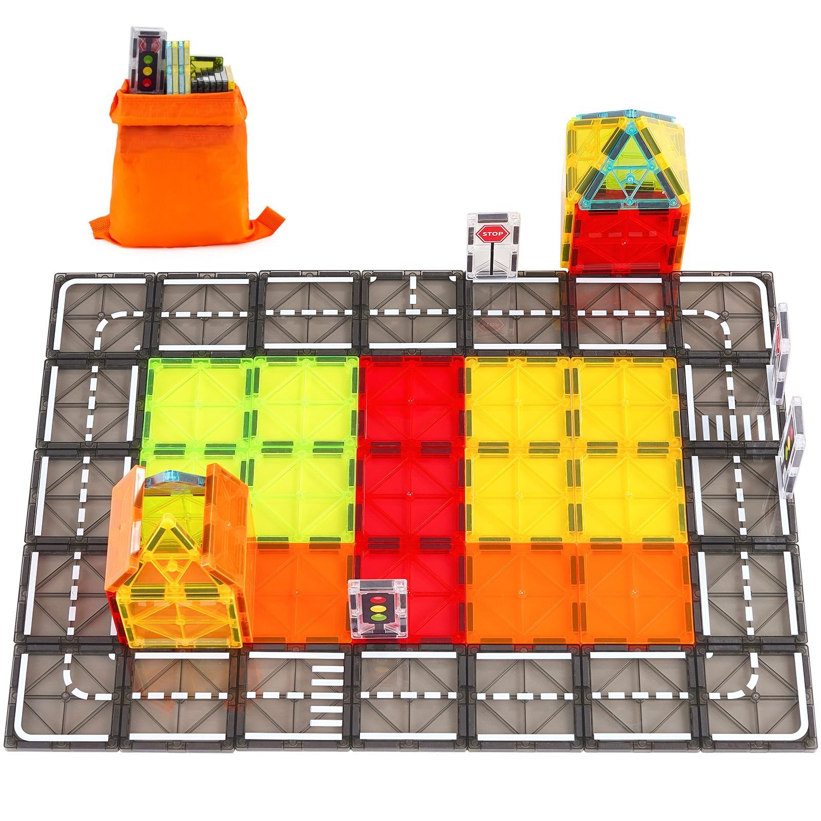 magnetic tiles, 56 pcs magnetic road building blocks for kids, magnet building set with storage bag, stem sensory educational city construction stacking toys gift for toddlers boys girls aged 3+