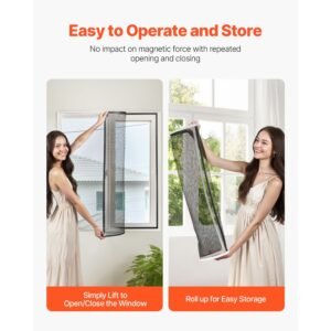 magnetic window screen, 58.27 x 39.17 inch pvc and fiberglass mesh, white frames with black magnetic strip and wind clips, no drilling easy installation, magnetic screen for house window