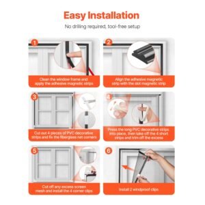 magnetic window screen, 58.27 x 39.17 inch pvc and fiberglass mesh, white frames with black magnetic strip and wind clips, no drilling easy installation, magnetic screen for house window